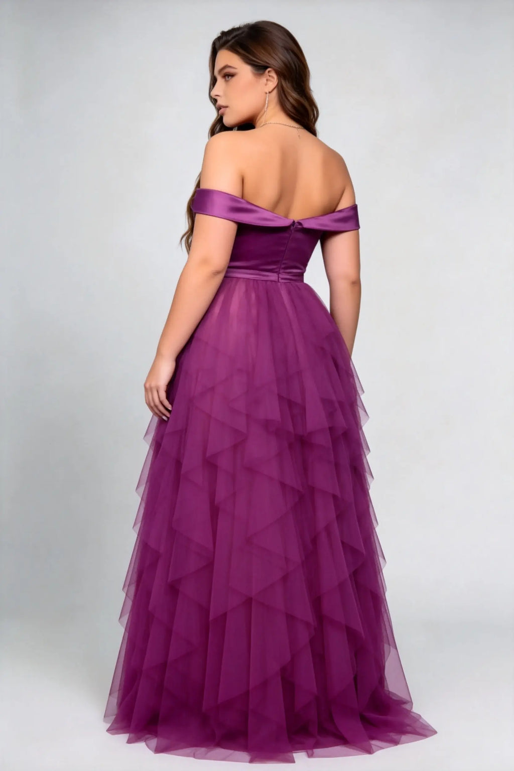 Plus Size Off Shoulder Satin Bodice Ruched Waist Multi Layer Irregular Ruffle Tulle Floor Length Bridesmaid Evening Maxi Dress