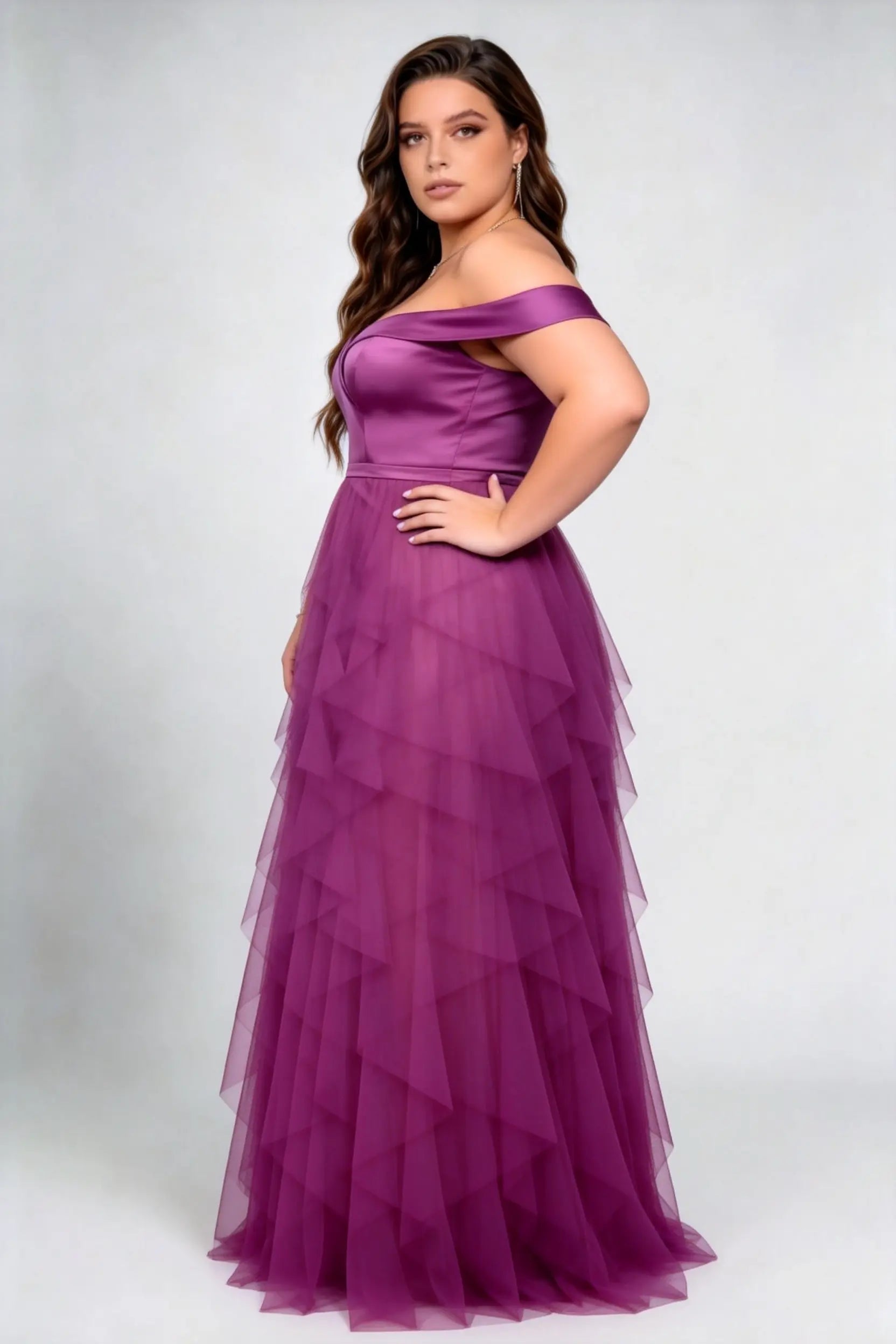 Plus Size Off Shoulder Satin Bodice Ruched Waist Multi Layer Irregular Ruffle Tulle Floor Length Bridesmaid Evening Maxi Dress