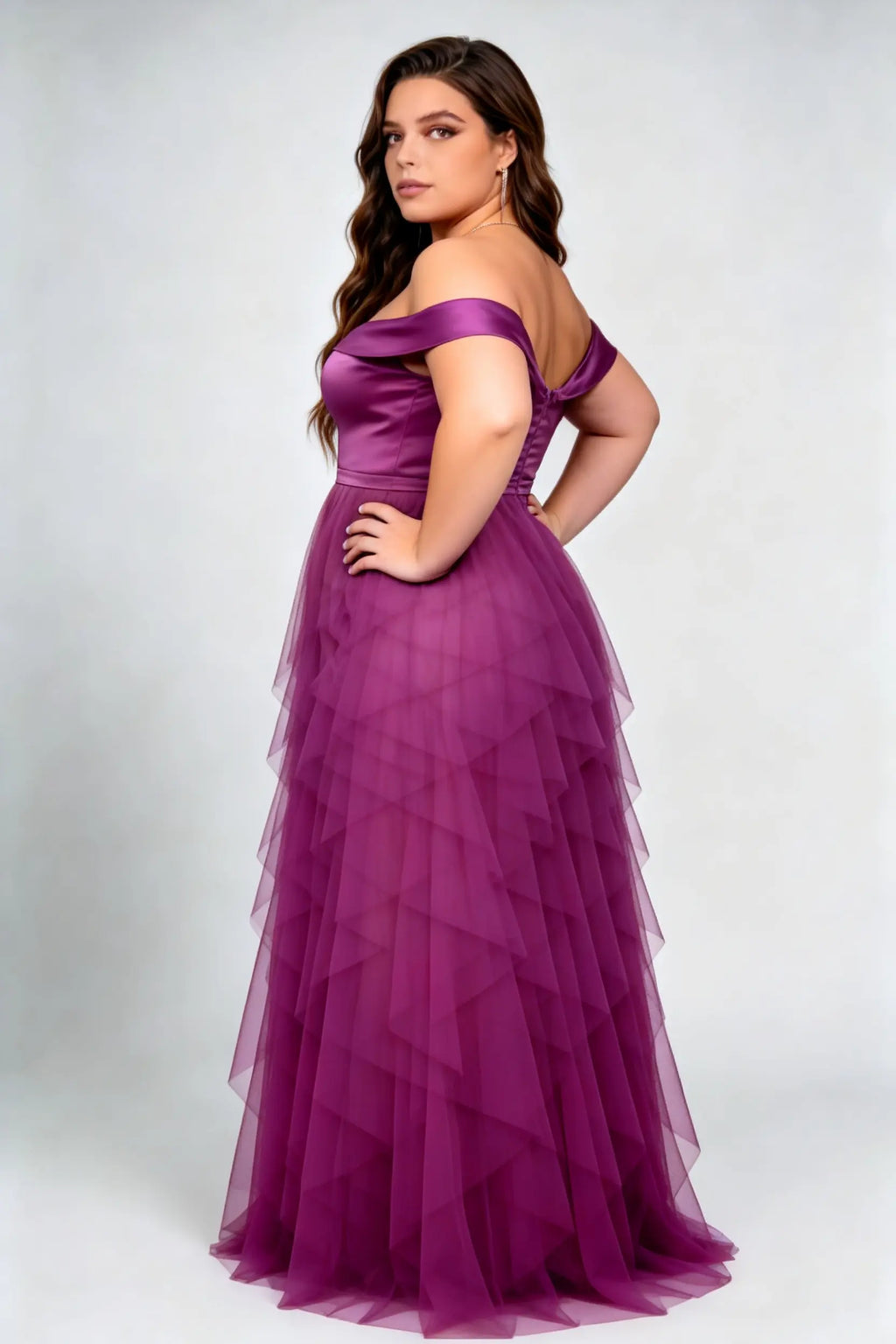 Plus Size Off Shoulder Satin Bodice Ruched Waist Multi Layer Irregular Ruffle Tulle Floor Length Bridesmaid Evening Maxi Dress