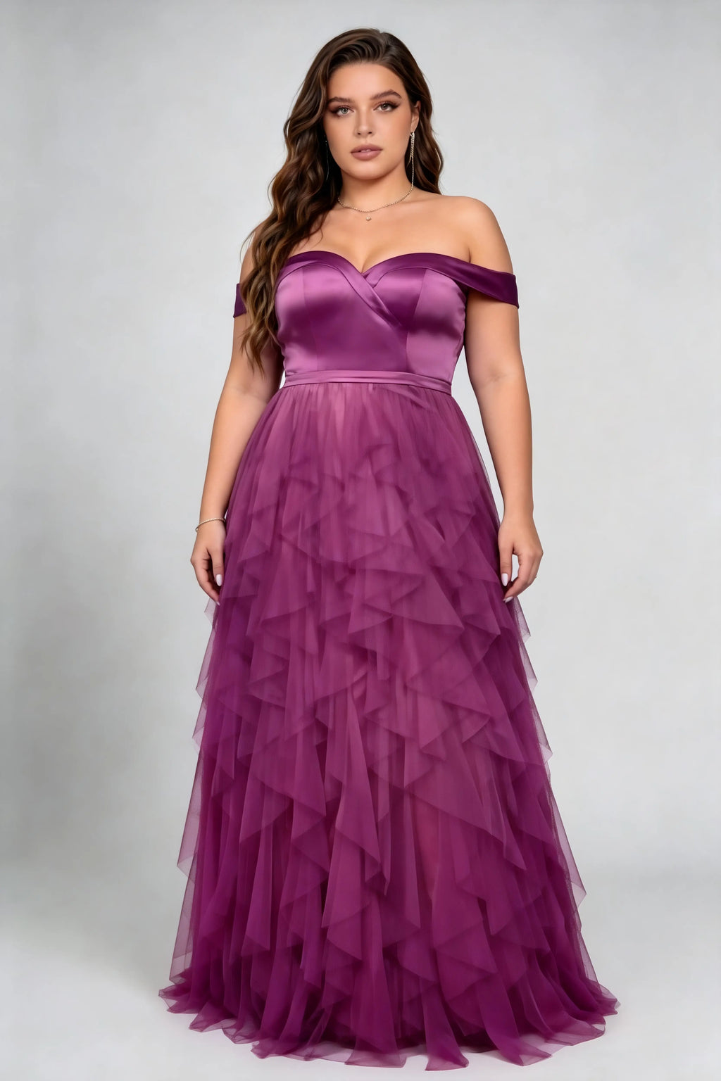 Plus Size Off Shoulder Satin Bodice Ruched Waist Multi Layer Irregular Ruffle Tulle Floor Length Bridesmaid Evening Maxi Dress