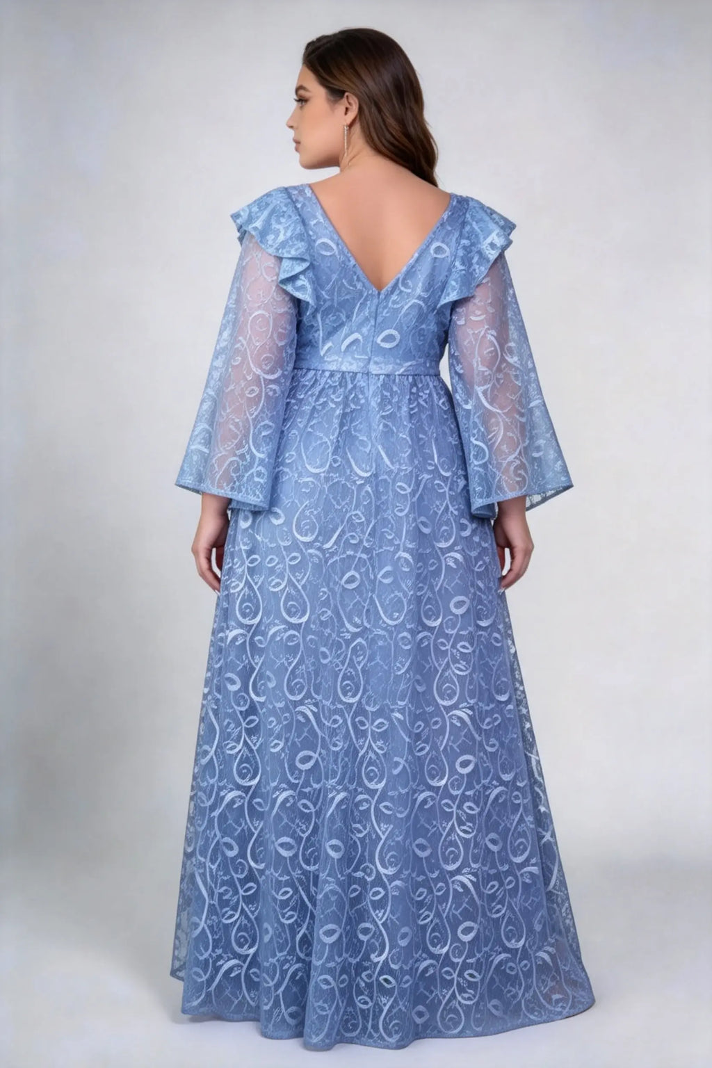 Plus Size Front & Back Deep V Ruffle Shoulder Bell Sleeve Allover Feather Lace High Waist A Line Floor Bridesmaid Maxi Dress
