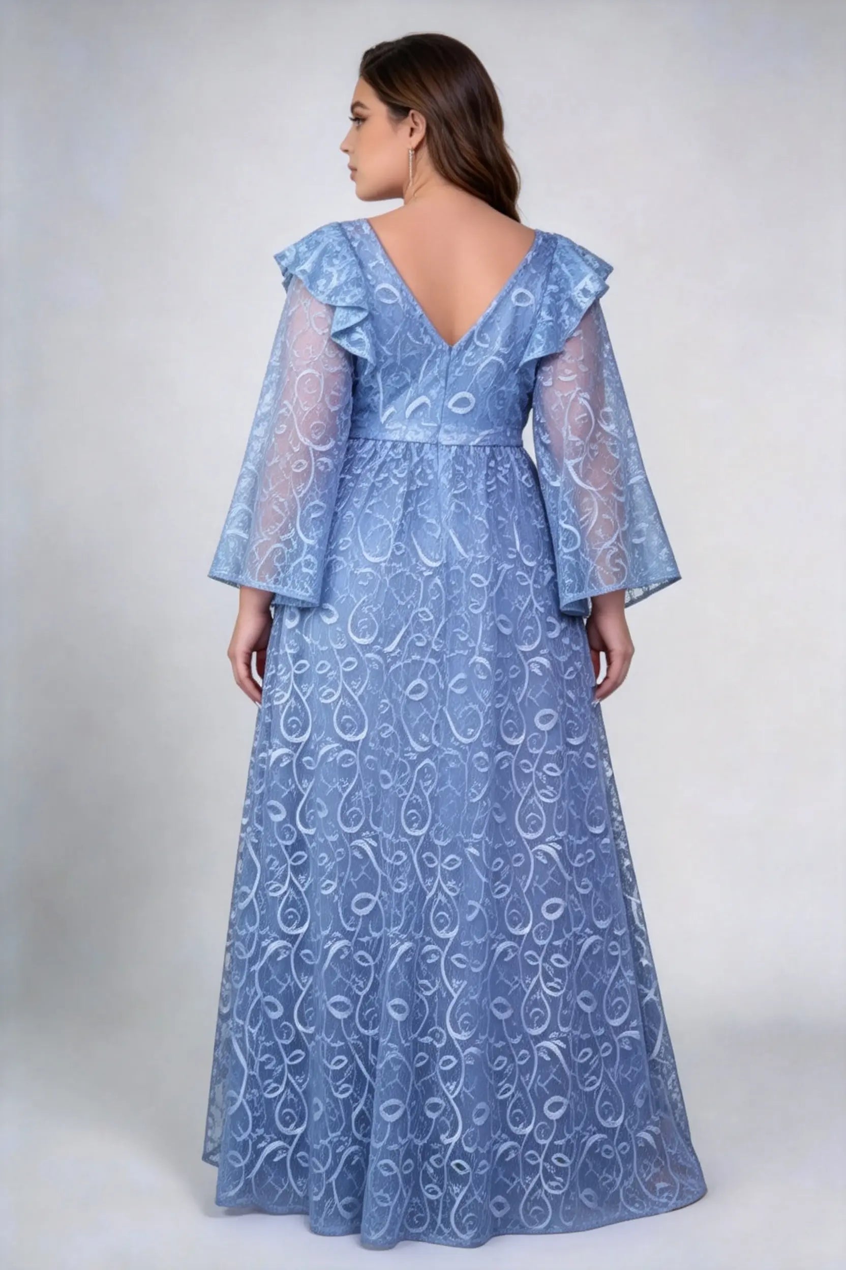 Plus Size Front & Back Deep V Ruffle Shoulder Bell Sleeve Allover Feather Lace High Waist A Line Floor Bridesmaid Maxi Dress
