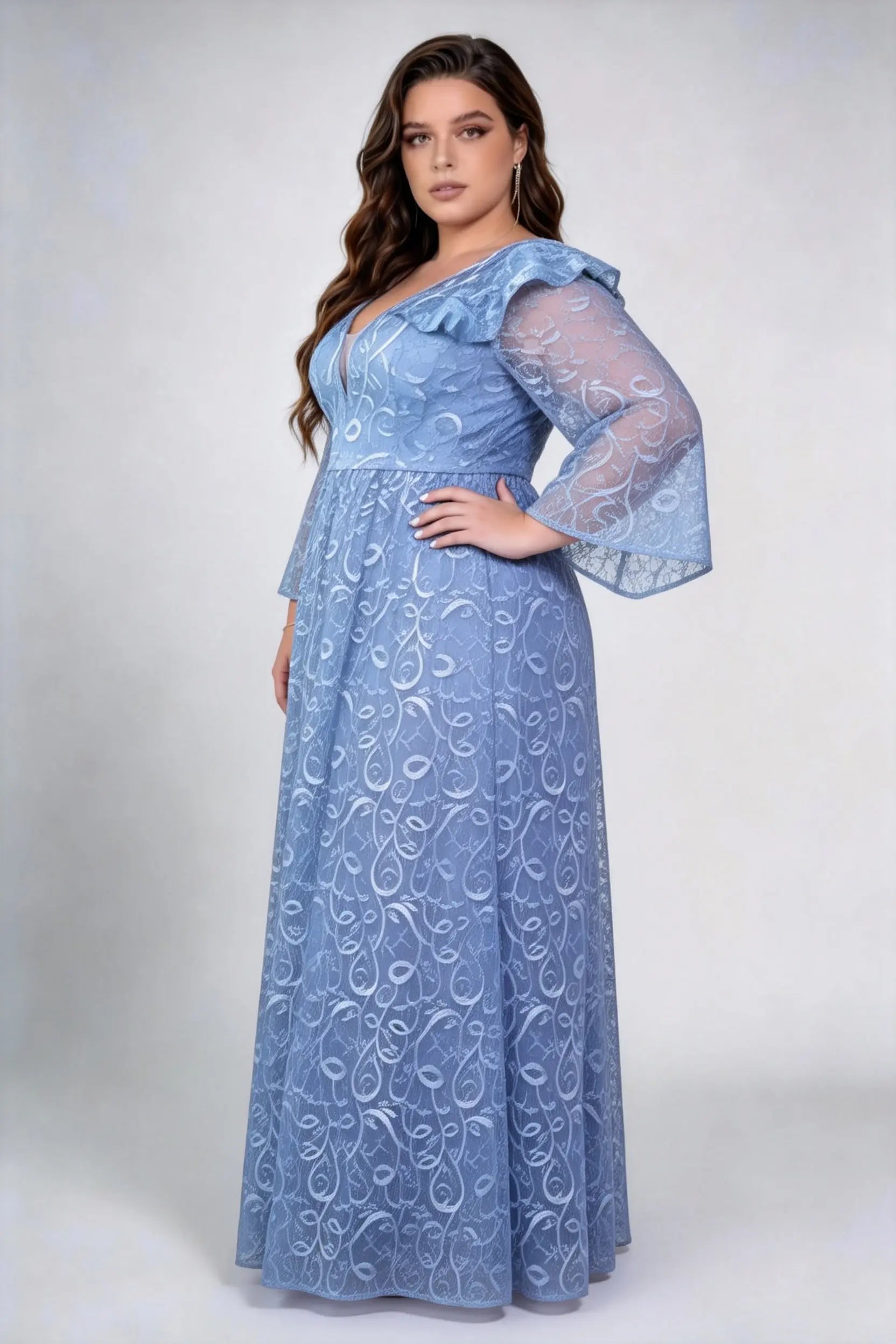 Plus Size Front & Back Deep V Ruffle Shoulder Bell Sleeve Allover Feather Lace High Waist A Line Floor Bridesmaid Maxi Dress