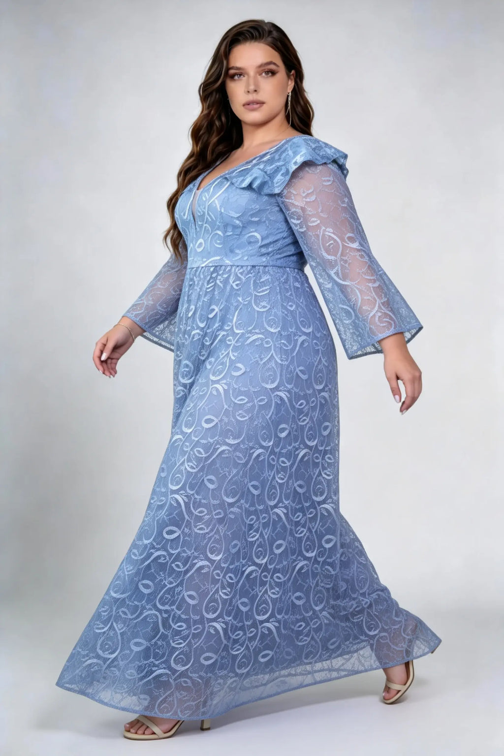 Plus Size Front & Back Deep V Ruffle Shoulder Bell Sleeve Allover Feather Lace High Waist A Line Floor Bridesmaid Maxi Dress