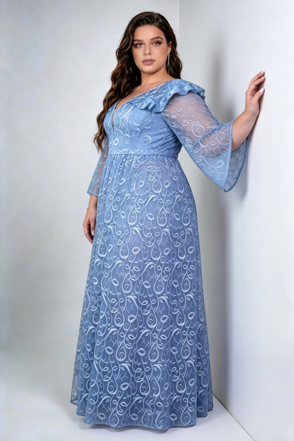 Plus Size Front & Back Deep V Ruffle Shoulder Bell Sleeve Allover Feather Lace High Waist A Line Floor Bridesmaid Maxi Dress