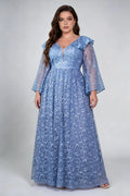 Plus Size Front & Back Deep V Ruffle Shoulder Bell Sleeve Allover Feather Lace High Waist A Line Floor Bridesmaid Maxi Dress