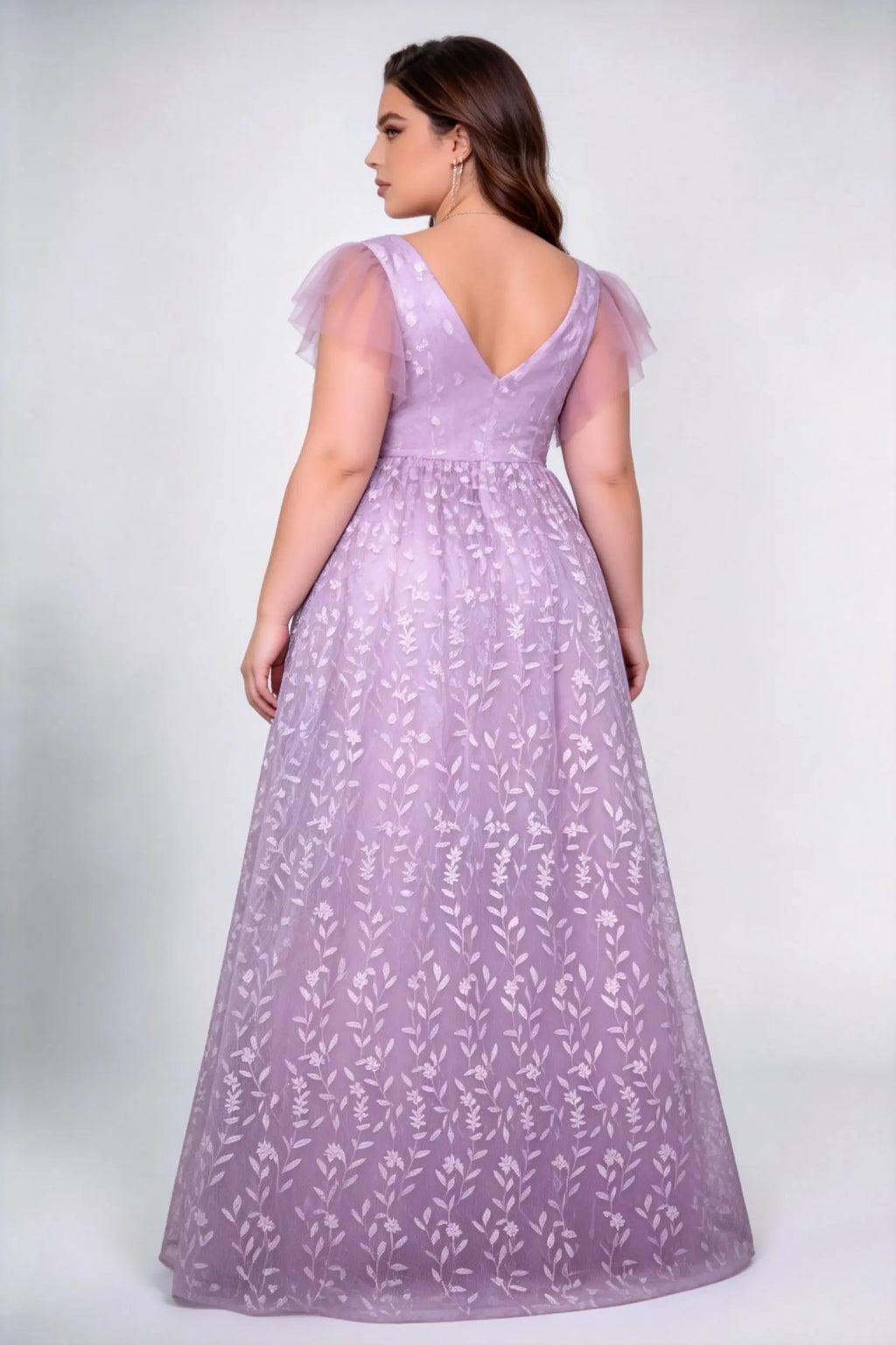 Plus Size Front & Back Deep V Flutter Cap Sleeve Allover Floral Leaf Embroidery Tulle High Waist A Line Floor Bridesmaid Evening Maxi Dress