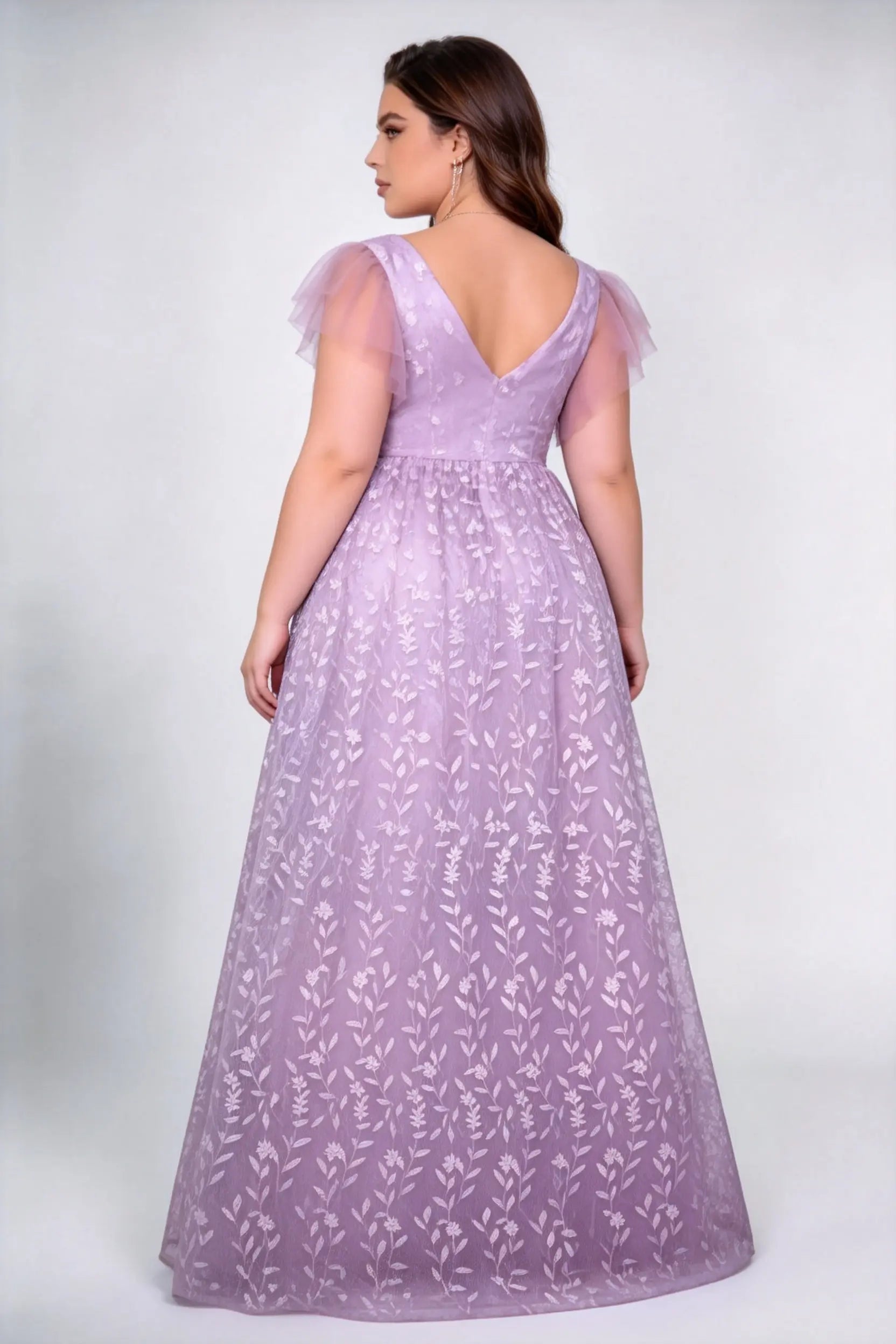 Plus Size Front & Back Deep V Flutter Cap Sleeve Allover Floral Leaf Embroidery Tulle High Waist A Line Floor Bridesmaid Evening Maxi Dress