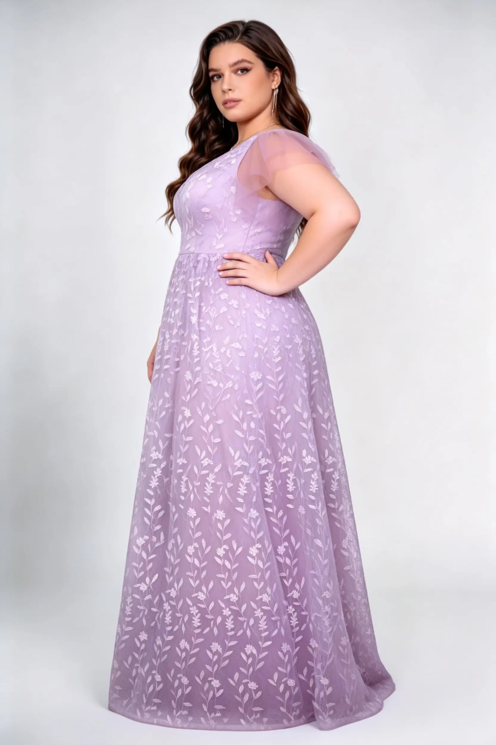 Plus Size Front & Back Deep V Flutter Cap Sleeve Allover Floral Leaf Embroidery Tulle High Waist A Line Floor Bridesmaid Evening Maxi Dress