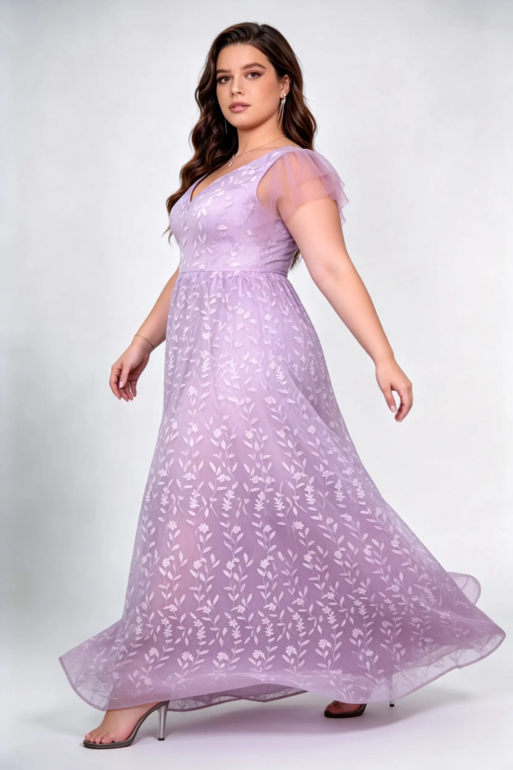 Plus Size Front & Back Deep V Flutter Cap Sleeve Allover Floral Leaf Embroidery Tulle High Waist A Line Floor Bridesmaid Evening Maxi Dress