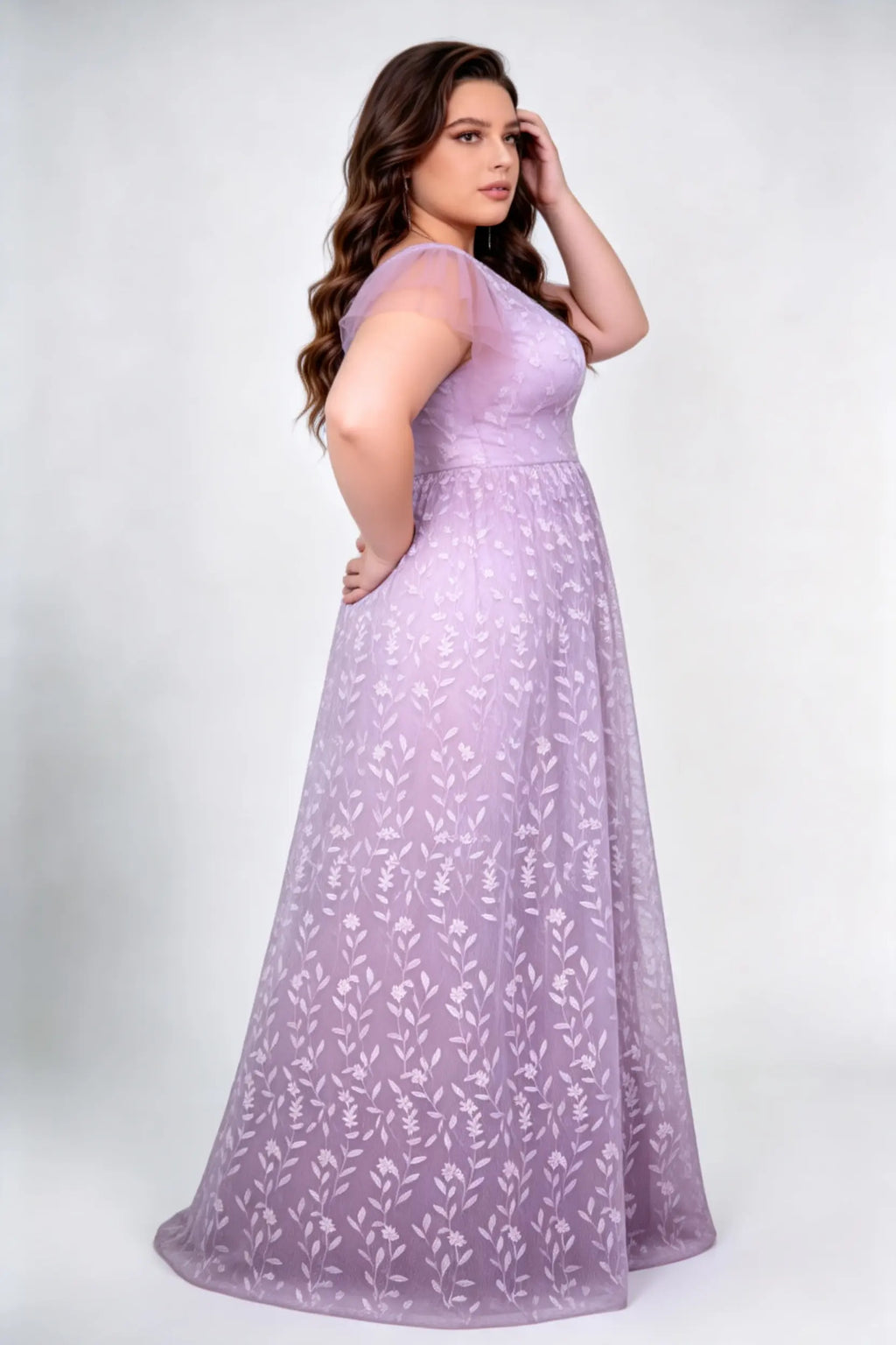 Plus Size Front & Back Deep V Flutter Cap Sleeve Allover Floral Leaf Embroidery Tulle High Waist A Line Floor Bridesmaid Evening Maxi Dress