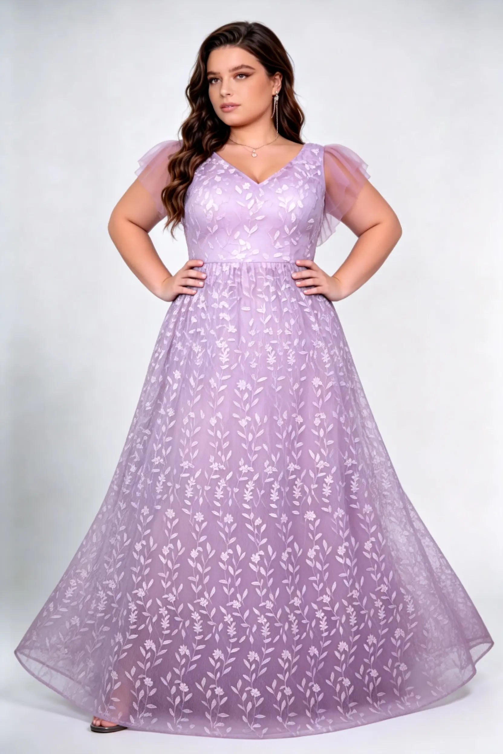 Plus Size Front & Back Deep V Flutter Cap Sleeve Allover Floral Leaf Embroidery Tulle High Waist A Line Floor Bridesmaid Evening Maxi Dress