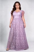 Plus Size Front & Back Deep V Flutter Cap Sleeve Allover Floral Leaf Embroidery Tulle High Waist A Line Floor Bridesmaid Evening Maxi Dress