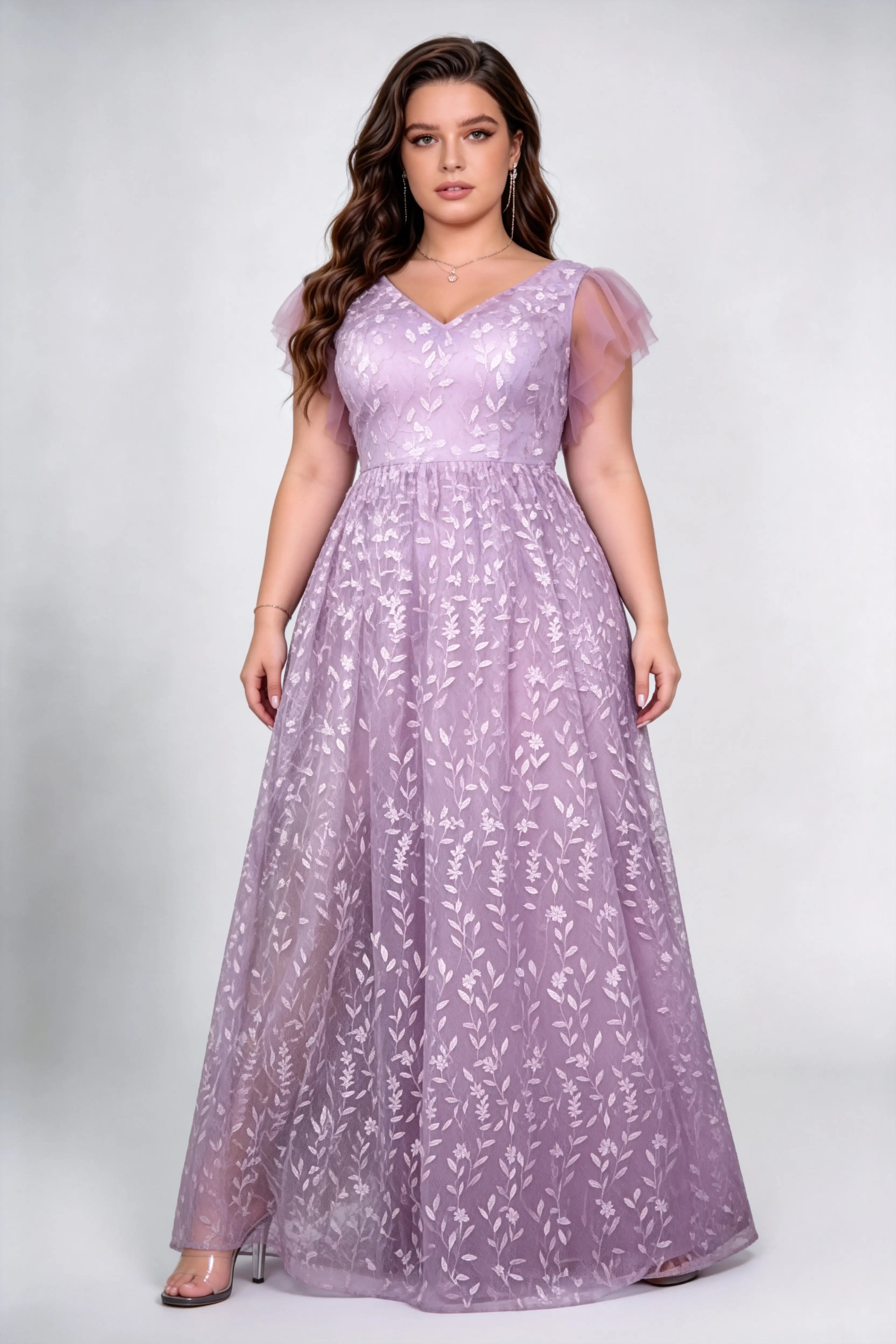 Plus Size Front & Back Deep V Flutter Cap Sleeve Allover Floral Leaf Embroidery Tulle High Waist A Line Floor Bridesmaid Evening Maxi Dress