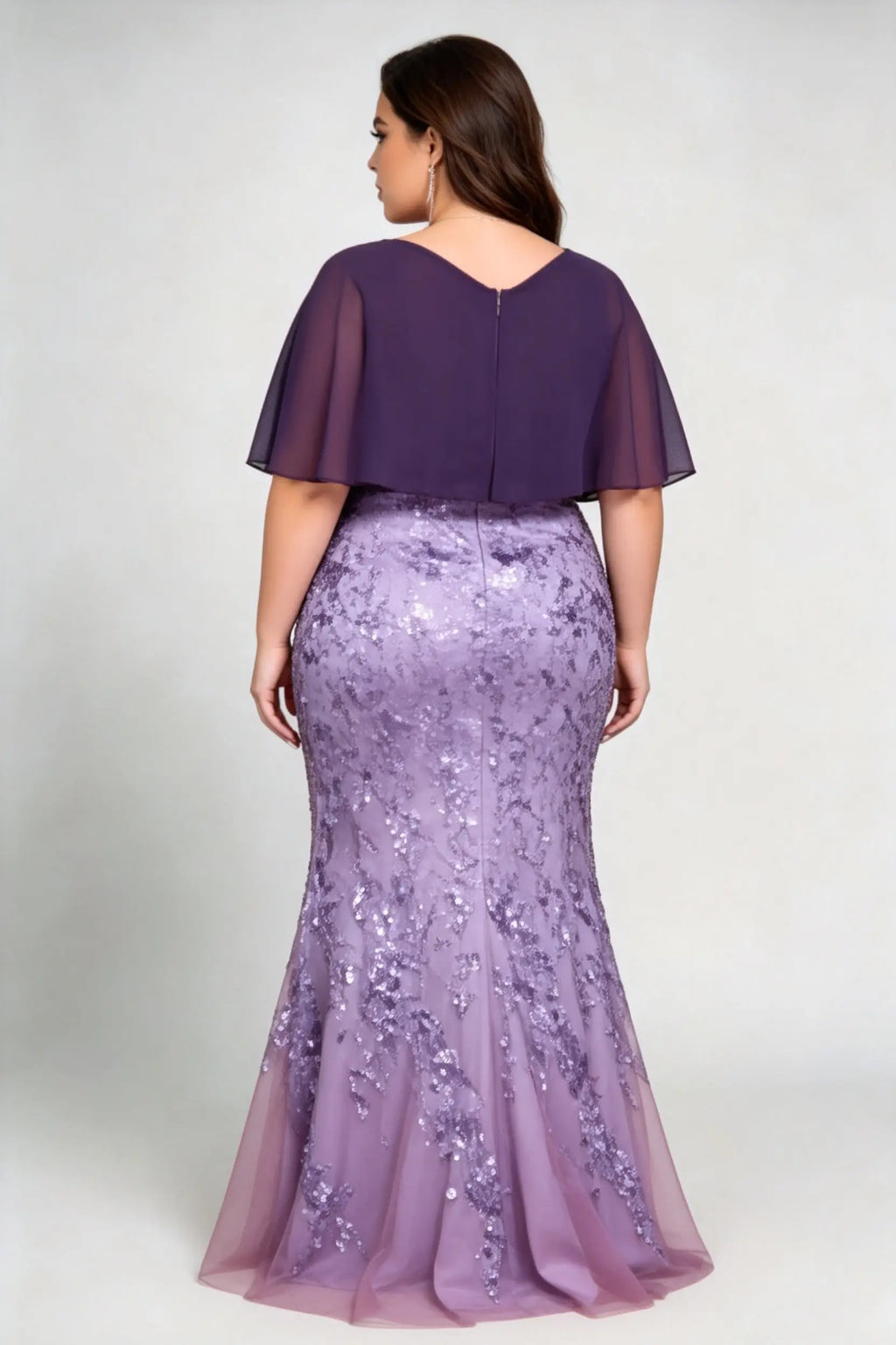 Plus Size V Neck Contrast Chiffon Cape Flutter Sleeve Ombre Vine Sequin Mermaid Floor Evening Maxi Dress