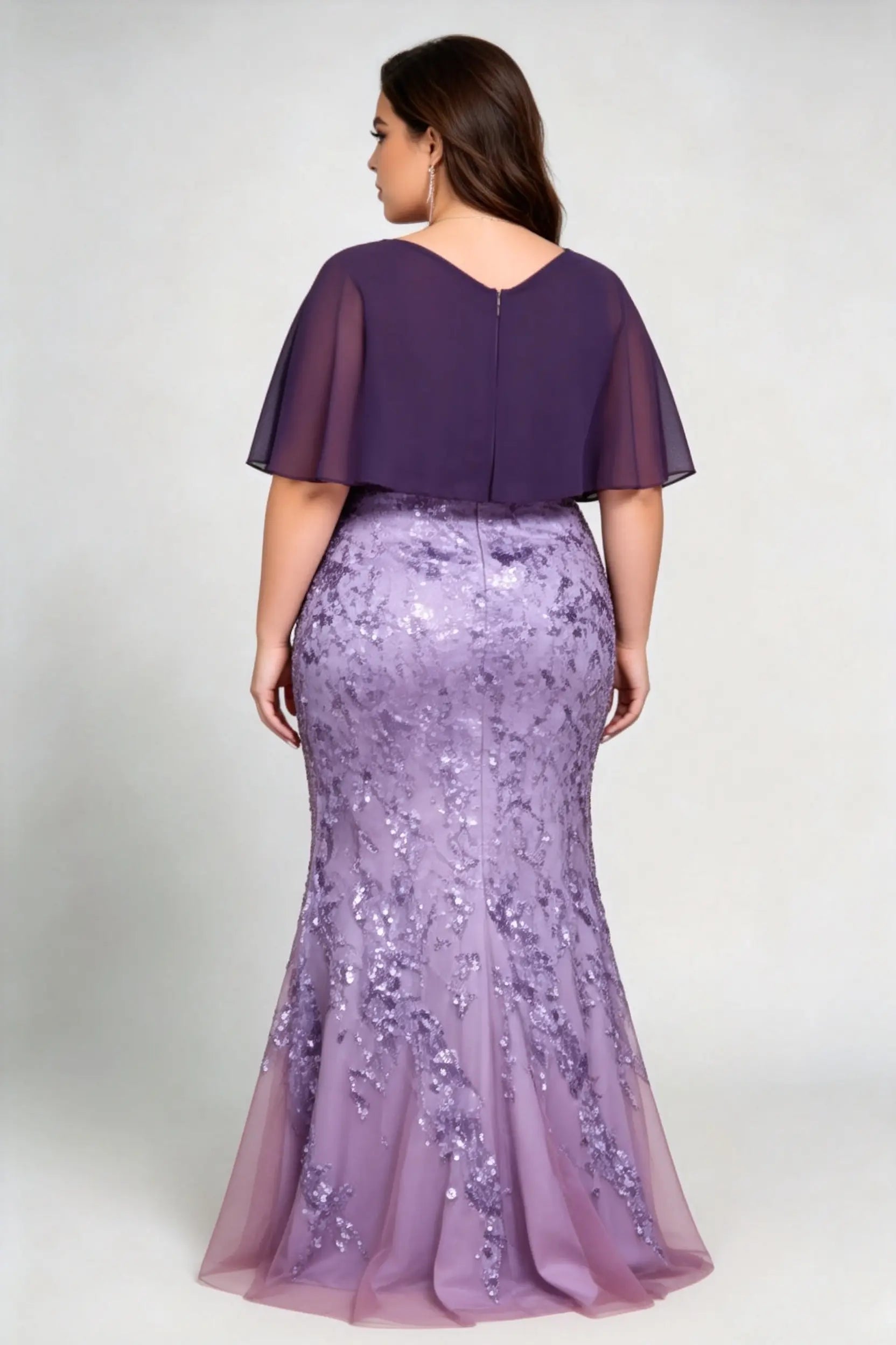 Plus Size V Neck Contrast Chiffon Cape Flutter Sleeve Ombre Vine Sequin Mermaid Floor Evening Maxi Dress