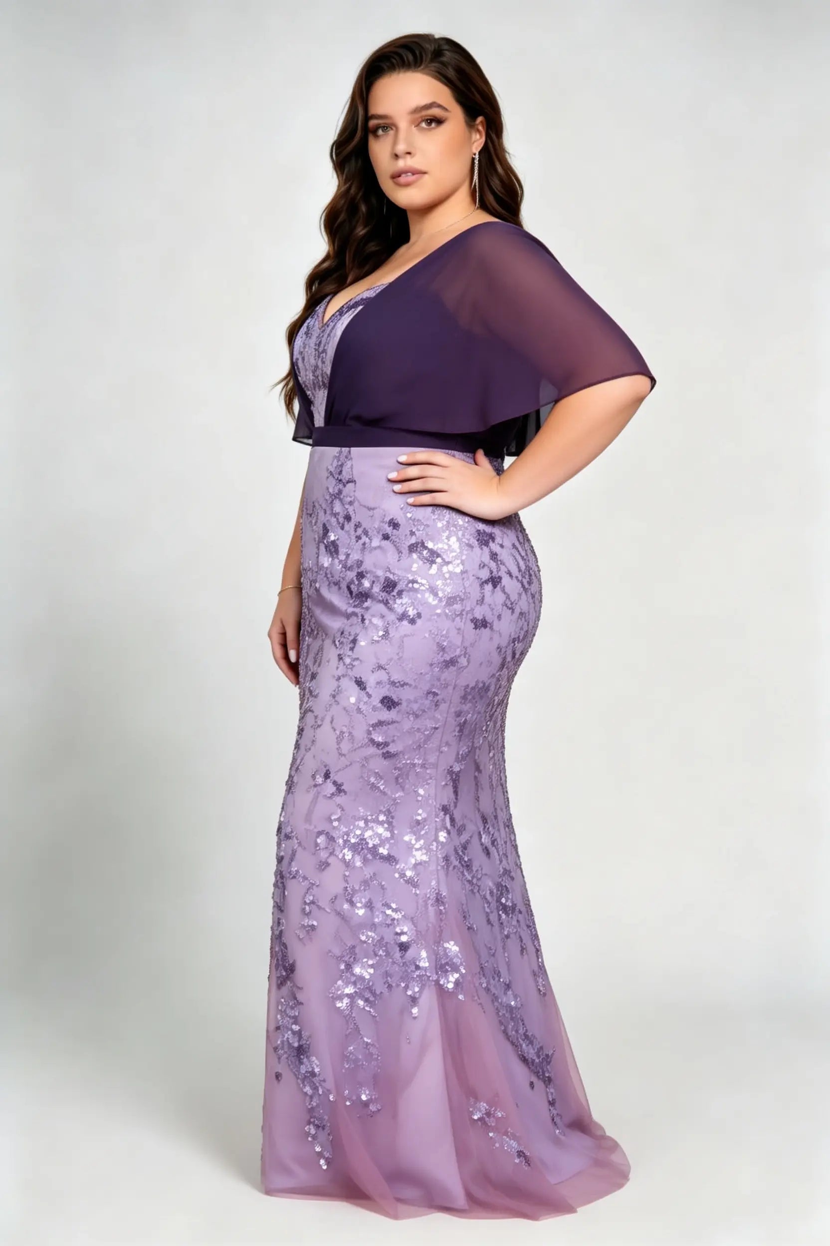 Plus Size V Neck Contrast Chiffon Cape Flutter Sleeve Ombre Vine Sequin Mermaid Floor Evening Maxi Dress
