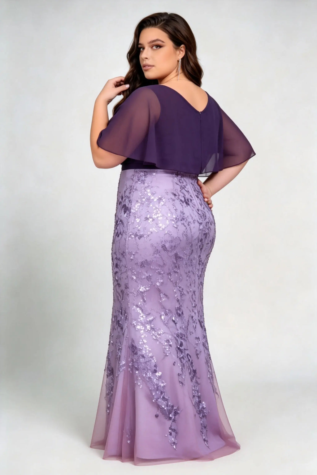 Plus Size V Neck Contrast Chiffon Cape Flutter Sleeve Ombre Vine Sequin Mermaid Floor Evening Maxi Dress
