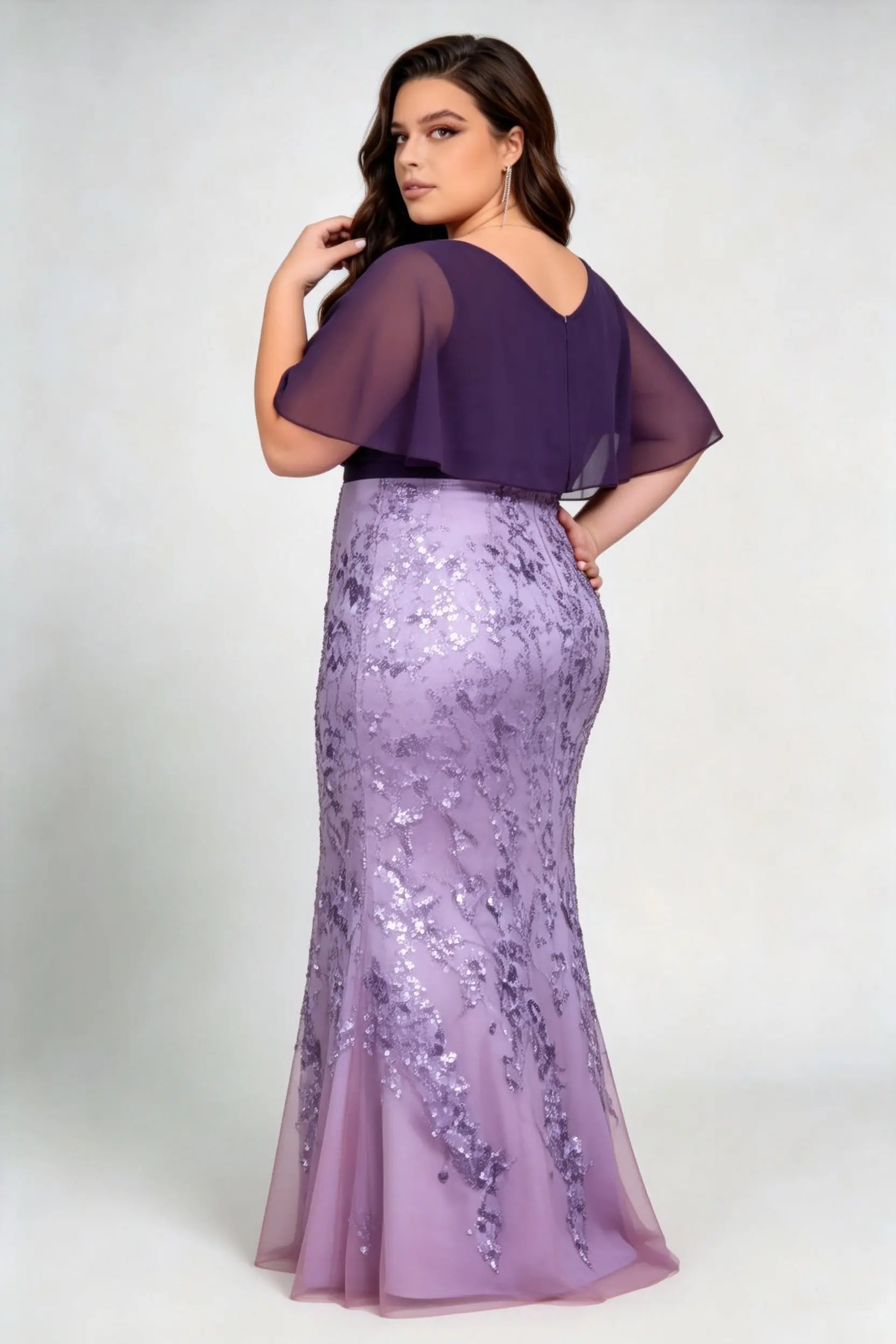 Plus Size V Neck Contrast Chiffon Cape Flutter Sleeve Ombre Vine Sequin Mermaid Floor Evening Maxi Dress