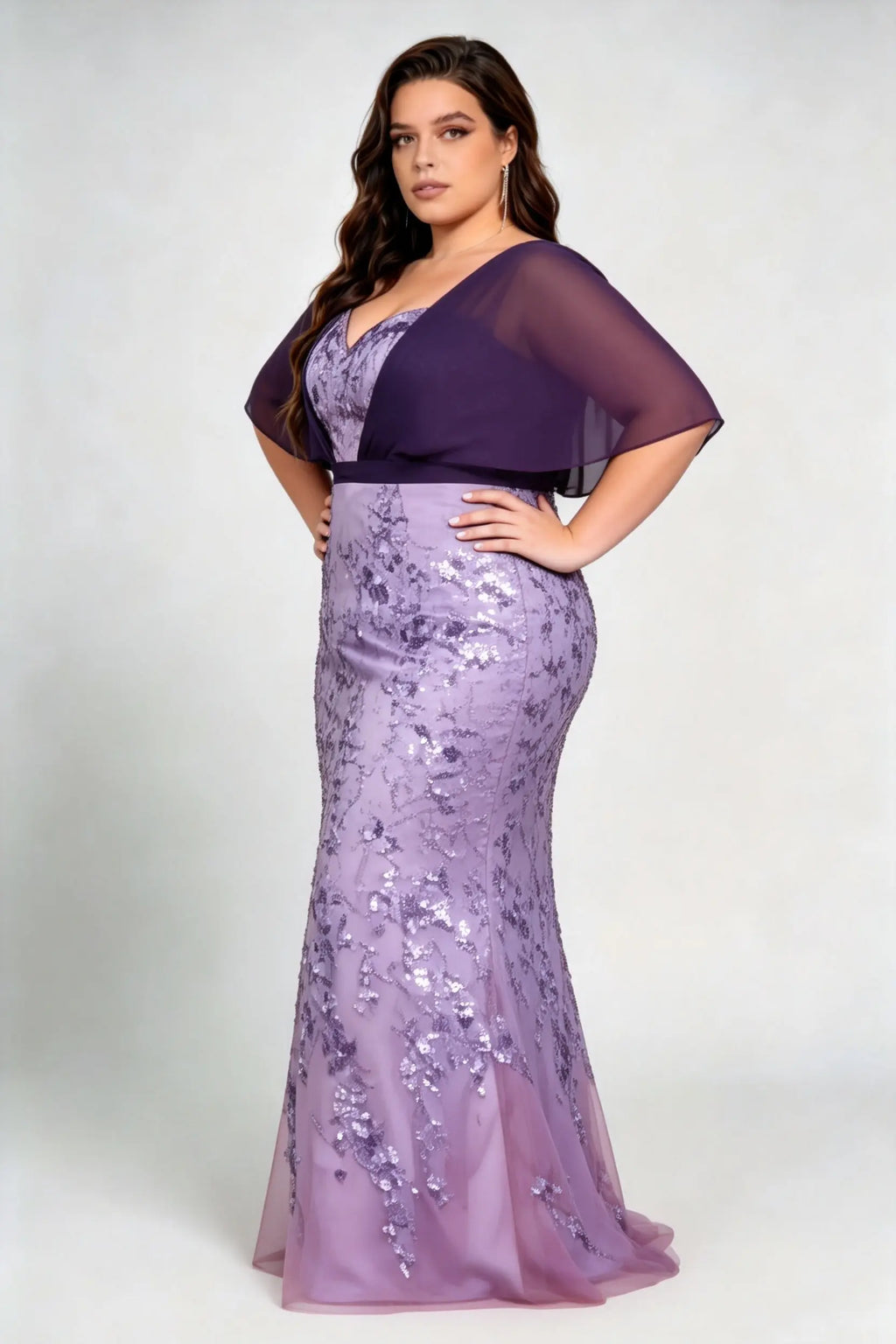 Plus Size V Neck Contrast Chiffon Cape Flutter Sleeve Ombre Vine Sequin Mermaid Floor Evening Maxi Dress