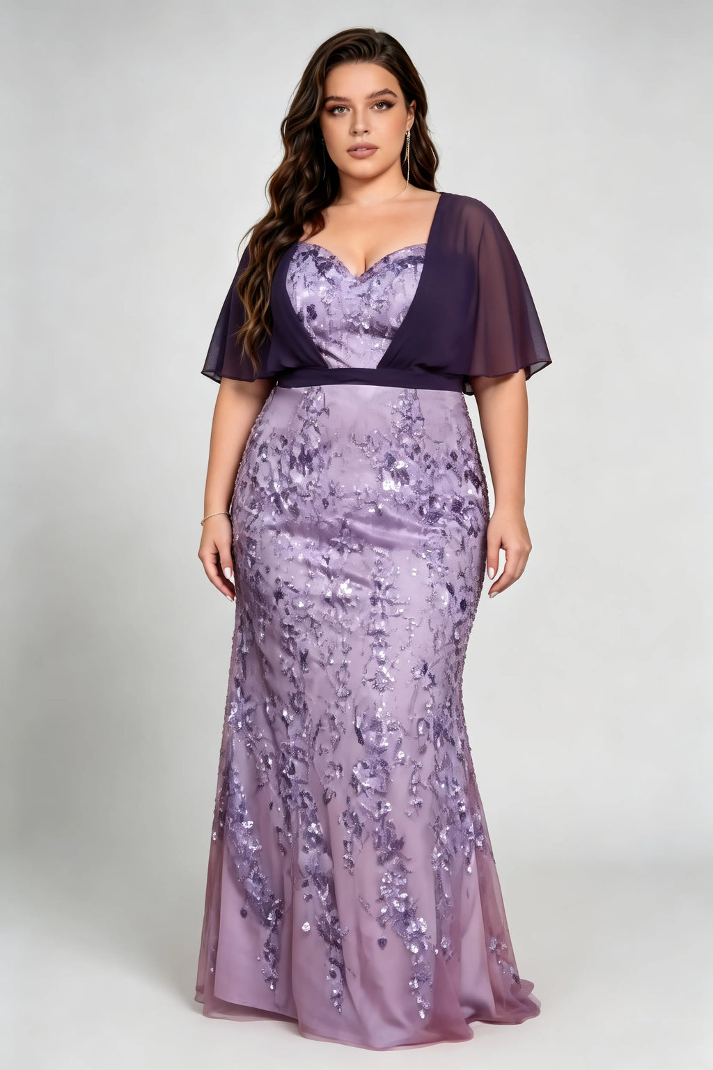 Plus Size V Neck Contrast Chiffon Cape Flutter Sleeve Ombre Vine Sequin Mermaid Floor Evening Maxi Dress
