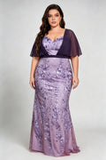 Plus Size V Neck Contrast Chiffon Cape Flutter Sleeve Ombre Vine Sequin Mermaid Floor Evening Maxi Dress