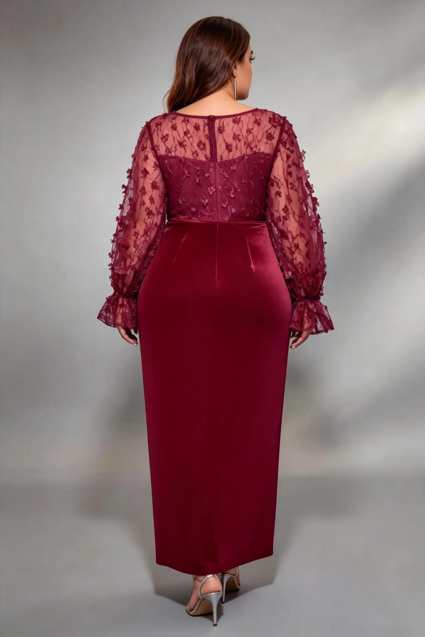 Plus Size Deep V 3D Floral Lace Long Sleeve Satin Wrap Ruched High Slit Midi Evening Party Dress