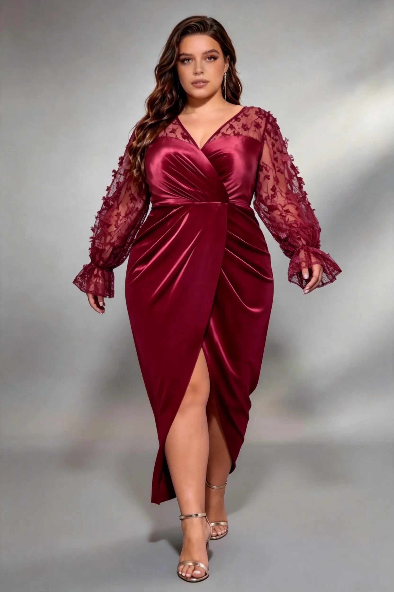 Plus Size Deep V 3D Floral Lace Long Sleeve Satin Wrap Ruched High Slit Midi Evening Party Dress
