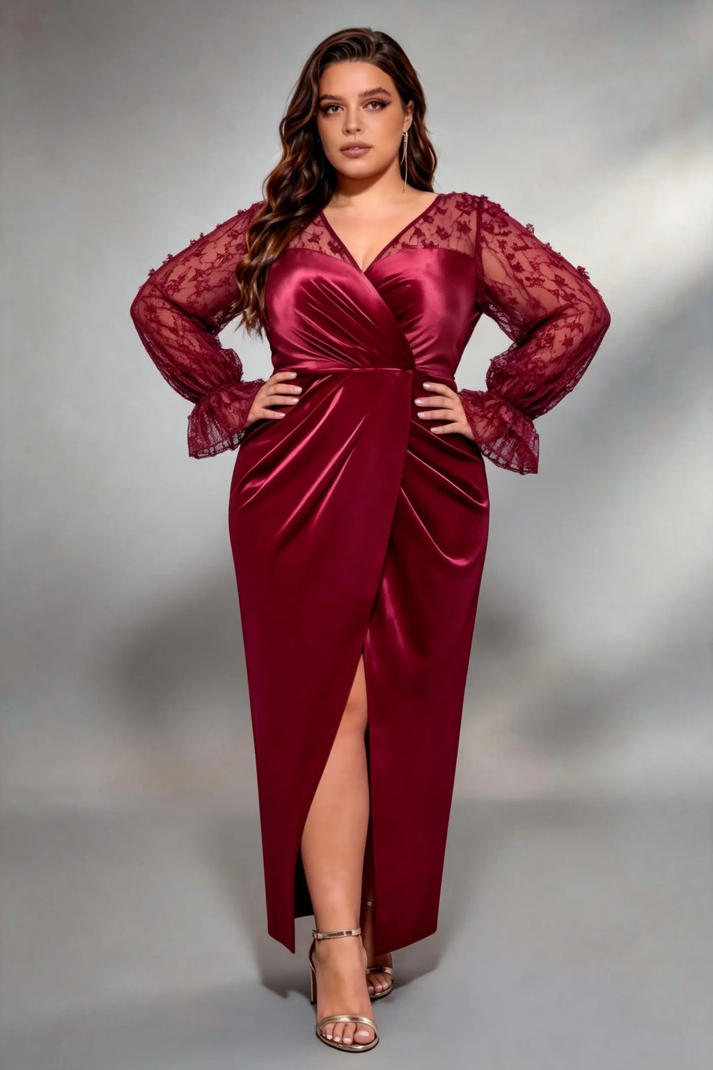 Plus Size Deep V 3D Floral Lace Long Sleeve Satin Wrap Ruched High Slit Midi Evening Party Dress