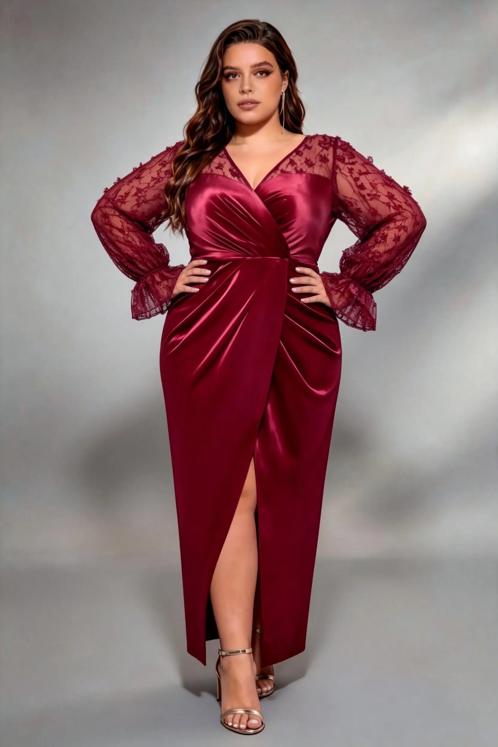 Plus Size Deep V 3D Floral Lace Long Sleeve Satin Wrap Ruched High Slit Midi Evening Party Dress