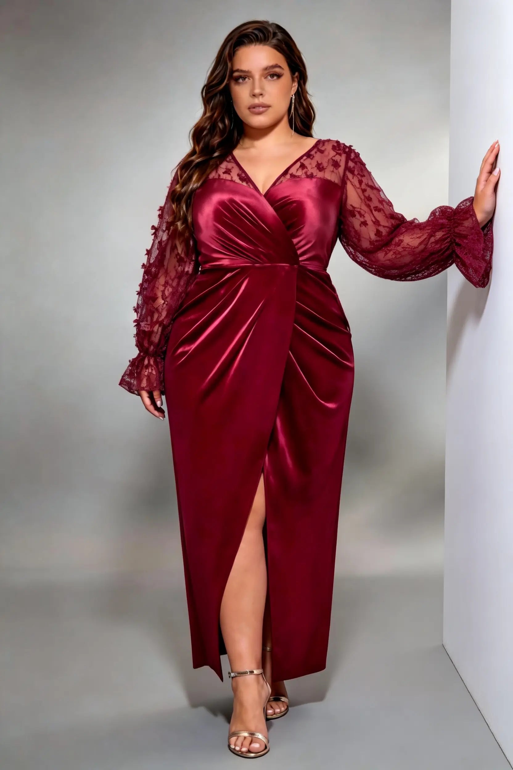 Plus Size Deep V 3D Floral Lace Long Sleeve Satin Wrap Ruched High Slit Midi Evening Party Dress