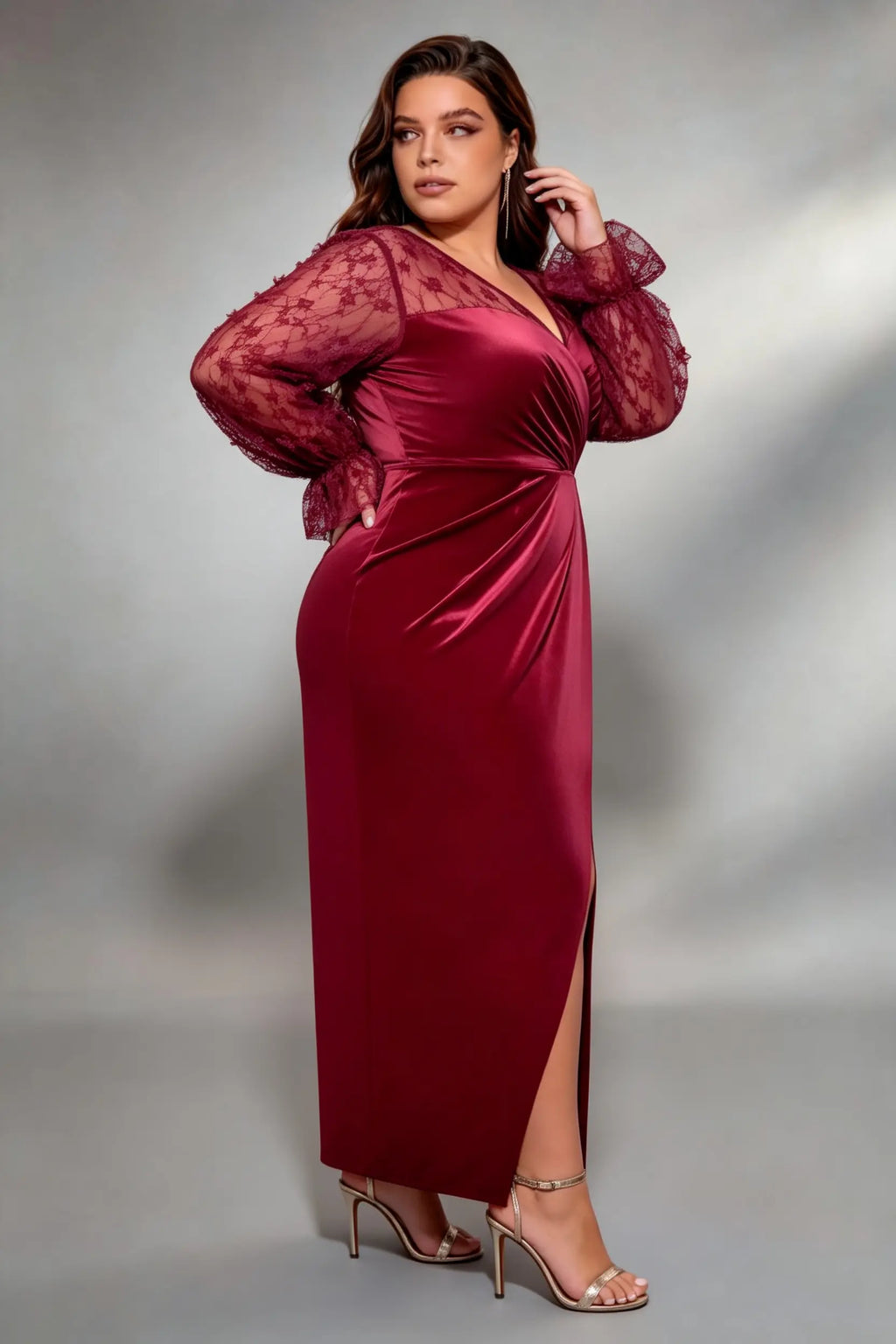 Plus Size Deep V 3D Floral Lace Long Sleeve Satin Wrap Ruched High Slit Midi Evening Party Dress