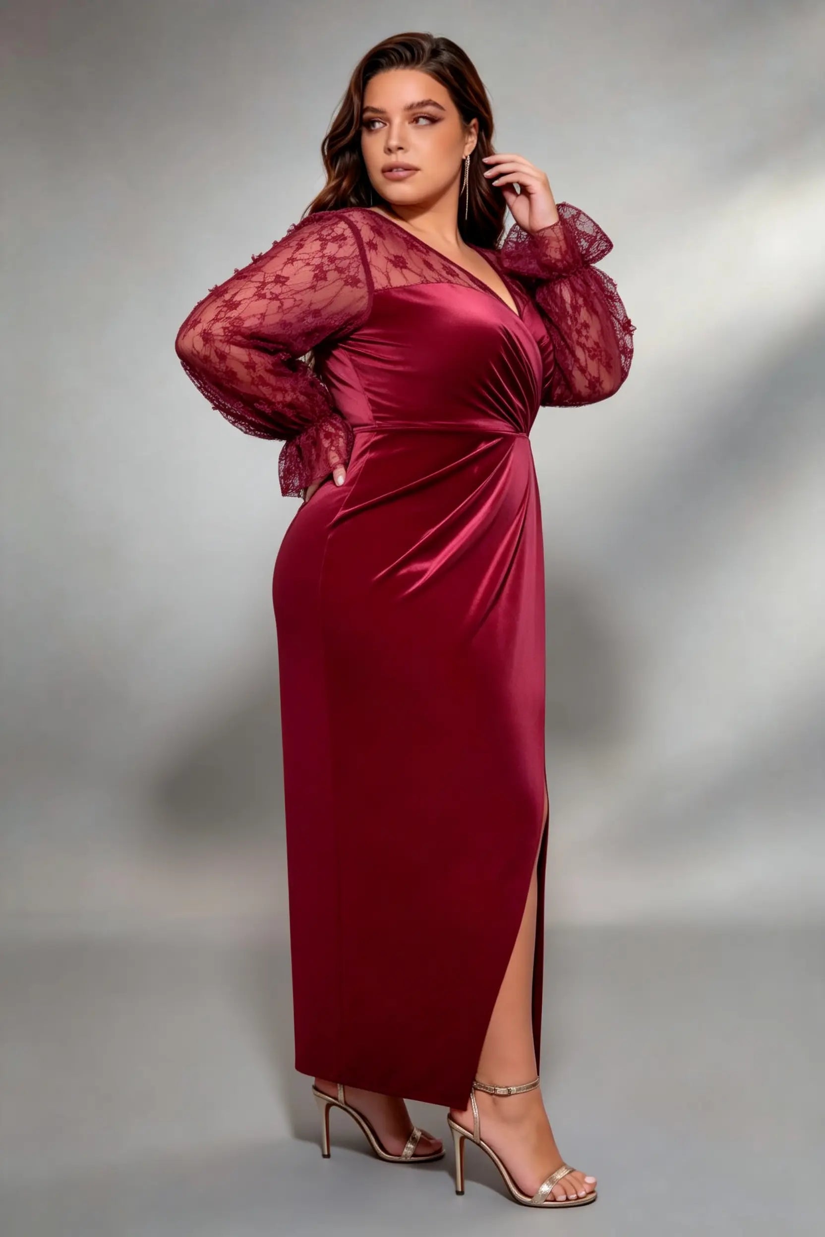 Plus Size Deep V 3D Floral Lace Long Sleeve Satin Wrap Ruched High Slit Midi Evening Party Dress