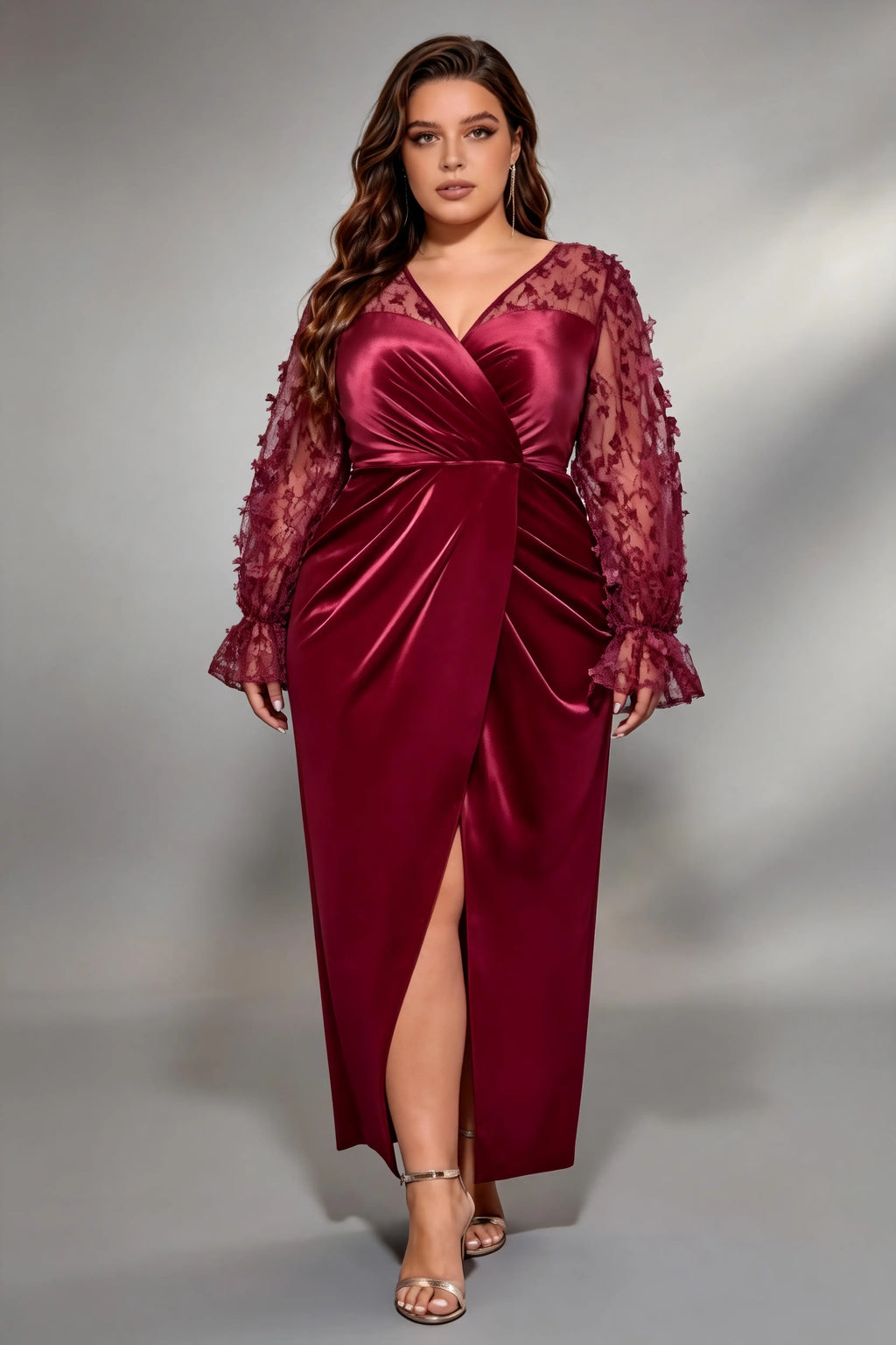 Plus Size Deep V 3D Floral Lace Long Sleeve Satin Wrap Ruched High Slit Midi Evening Party Dress