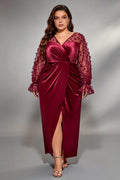 Plus Size Deep V 3D Floral Lace Long Sleeve Satin Wrap Ruched High Slit Midi Evening Party Dress