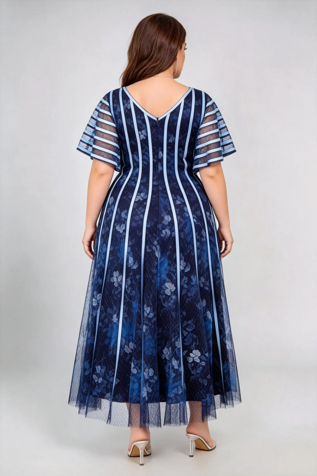 Plus Size V Neck Vertical Stripe Floral Lace Flutter Short Sleeve High Waist A Line Midi Evening Party Dress