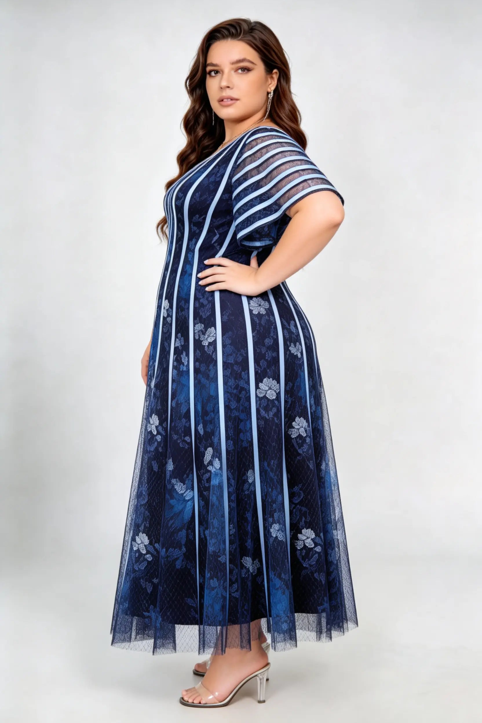 Plus Size V Neck Vertical Stripe Floral Lace Flutter Short Sleeve High Waist A Line Midi Evening Party Dress