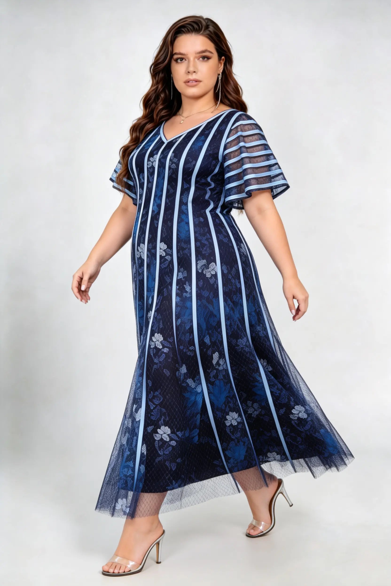 Plus Size V Neck Vertical Stripe Floral Lace Flutter Short Sleeve High Waist A Line Midi Evening Party Dress