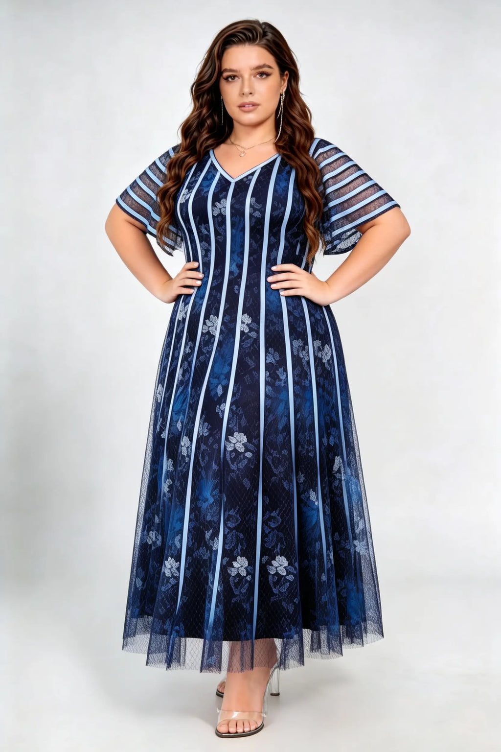 Plus Size V Neck Vertical Stripe Floral Lace Flutter Short Sleeve High Waist A Line Midi Evening Party Dress