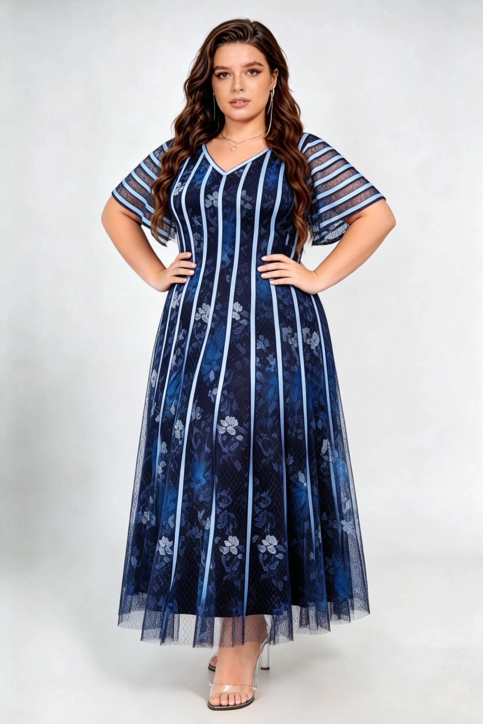 Plus Size V Neck Vertical Stripe Floral Lace Flutter Short Sleeve High Waist A Line Midi Evening Party Dress