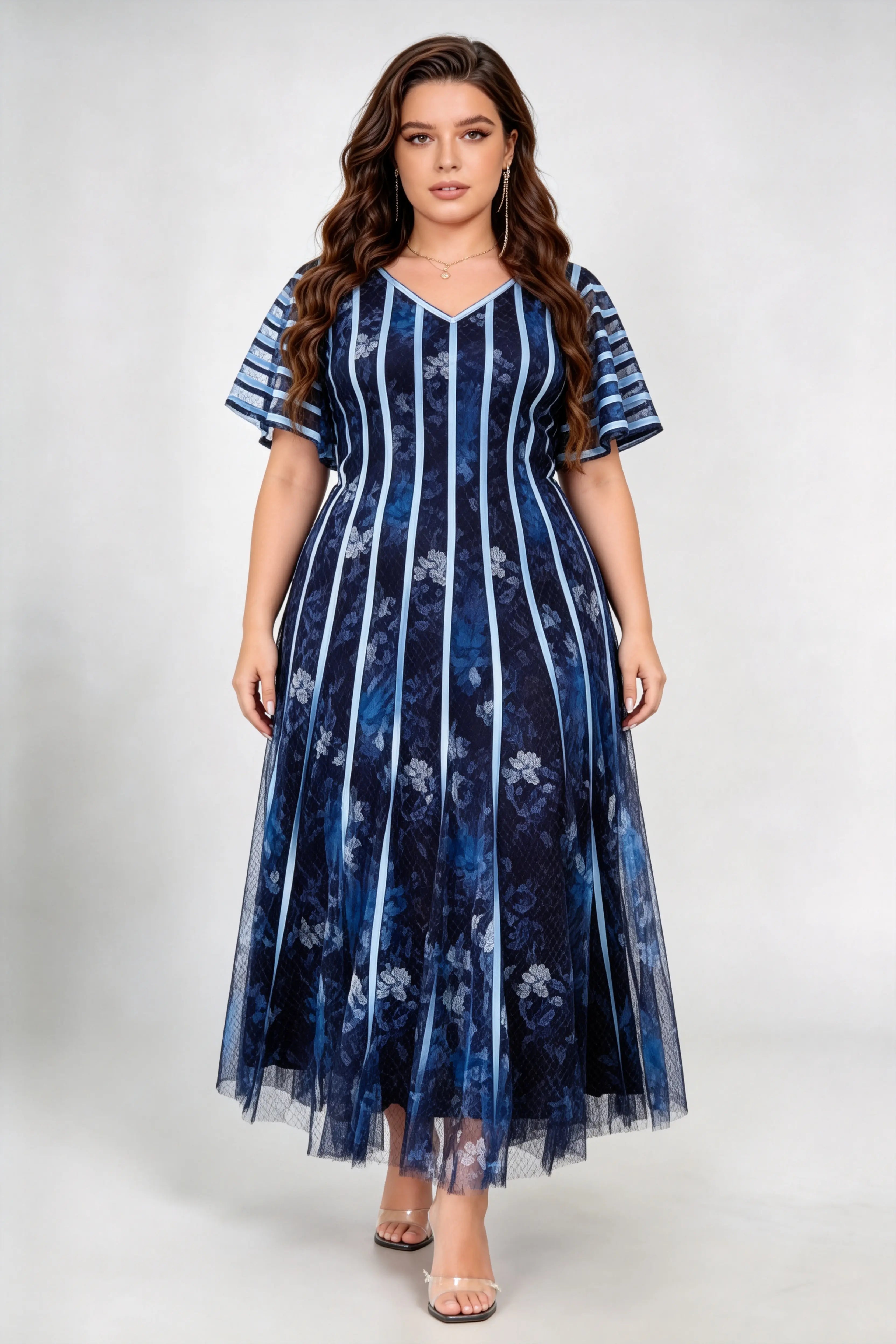 Plus Size V Neck Vertical Stripe Floral Lace Flutter Short Sleeve High Waist A Line Midi Evening Party Dress