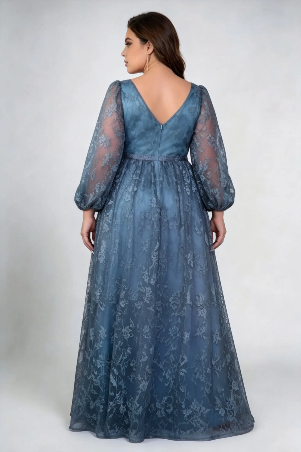Plus Size Round Neck Keyhole Puff Long Sleeve Allover Lace Empire Waist A Line Floor Length Bridesmaid Evening Maxi Dress