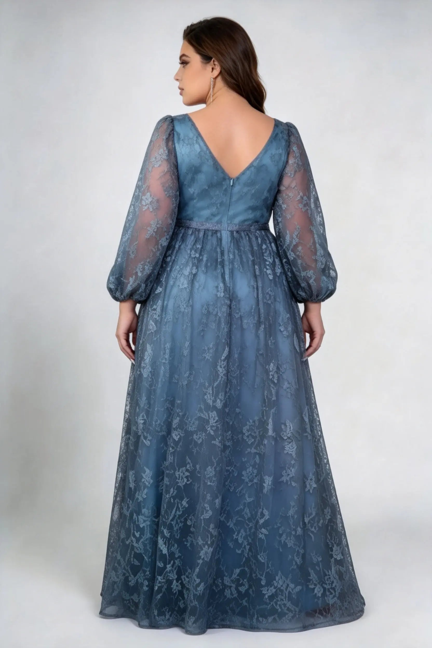 Plus Size Round Neck Keyhole Puff Long Sleeve Allover Lace Empire Waist A Line Floor Length Bridesmaid Evening Maxi Dress