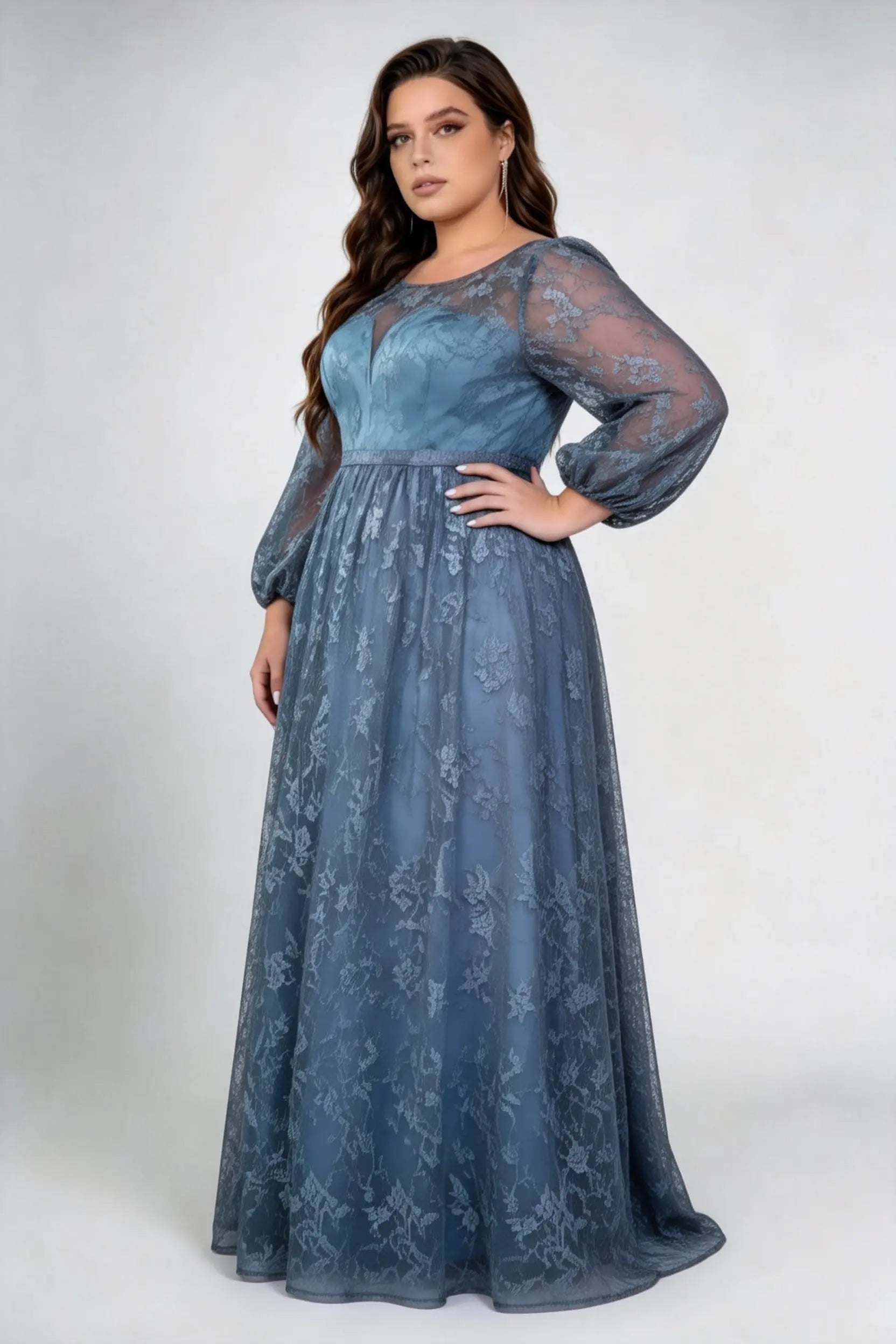Plus Size Round Neck Keyhole Puff Long Sleeve Allover Lace Empire Waist A Line Floor Length Bridesmaid Evening Maxi Dress