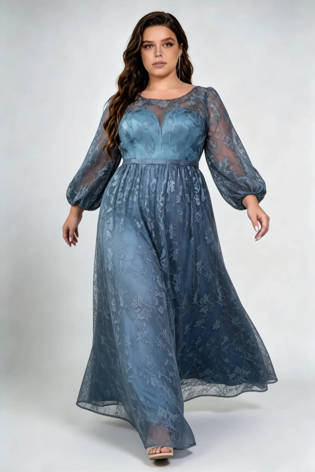 Plus Size Round Neck Keyhole Puff Long Sleeve Allover Lace Empire Waist A Line Floor Length Bridesmaid Evening Maxi Dress
