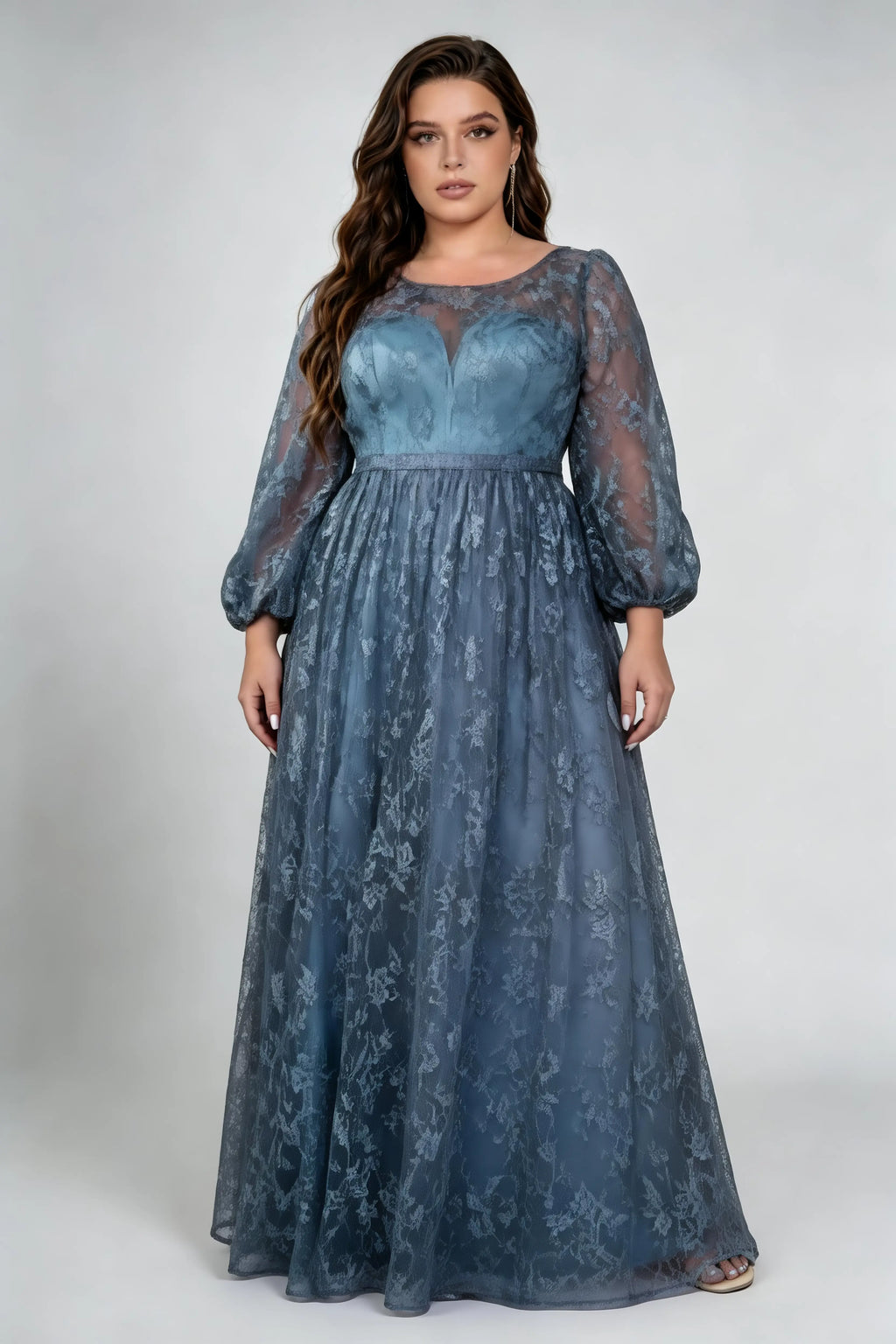 Plus Size Round Neck Keyhole Puff Long Sleeve Allover Lace Empire Waist A Line Floor Length Bridesmaid Evening Maxi Dress
