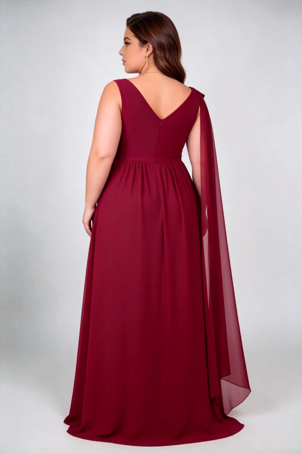 Plus Size Deep V Single Cape Sleeveless Chiffon Empire Waist A Line Floor Length Bridesmaid Evening Maxi Dress