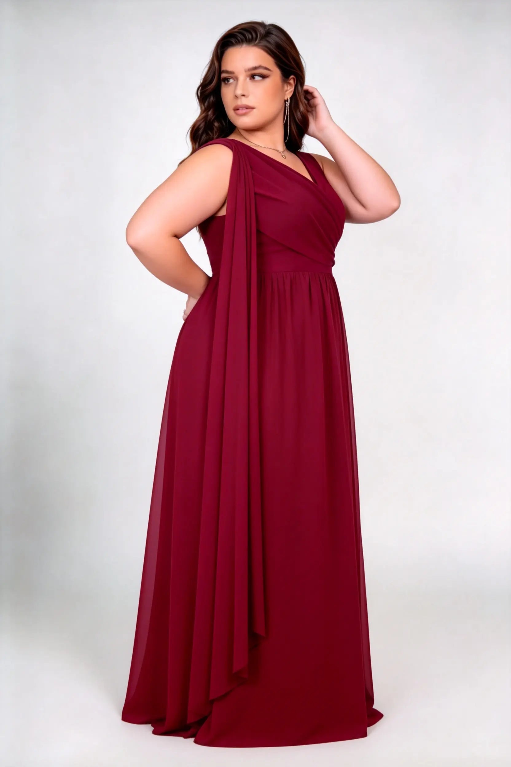 Plus Size Deep V Single Cape Sleeveless Chiffon Empire Waist A Line Floor Length Bridesmaid Evening Maxi Dress