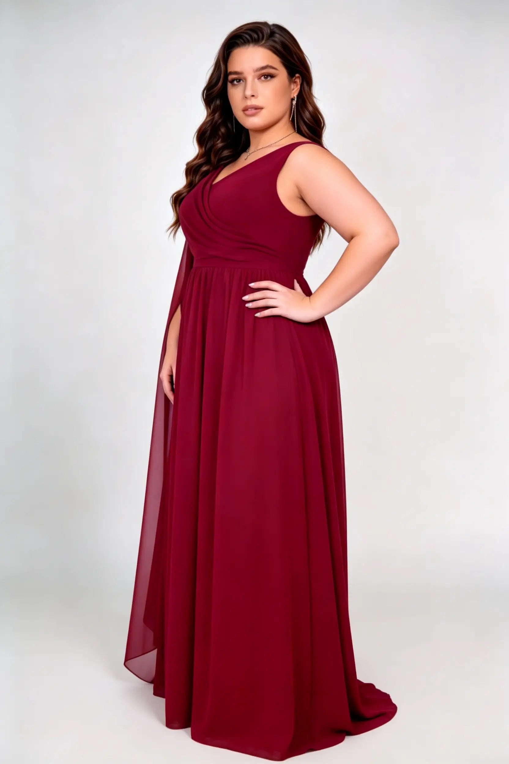 Plus Size Deep V Single Cape Sleeveless Chiffon Empire Waist A Line Floor Length Bridesmaid Evening Maxi Dress