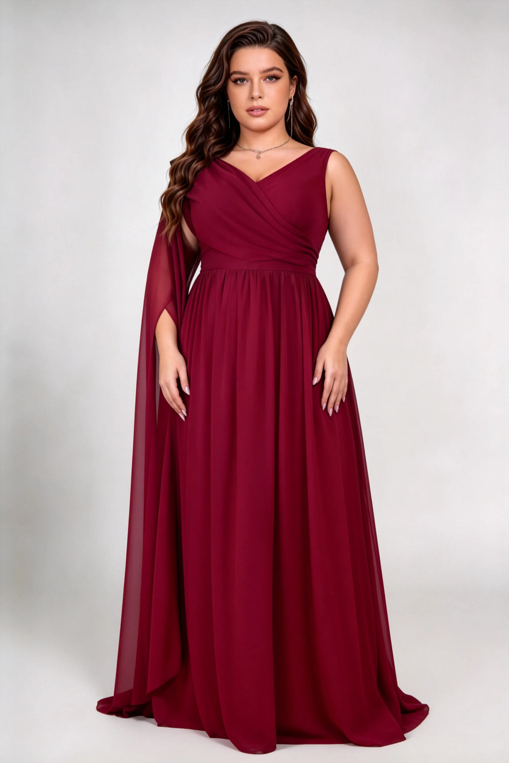 Plus Size Deep V Single Cape Sleeveless Chiffon Empire Waist A Line Floor Length Bridesmaid Evening Maxi Dress